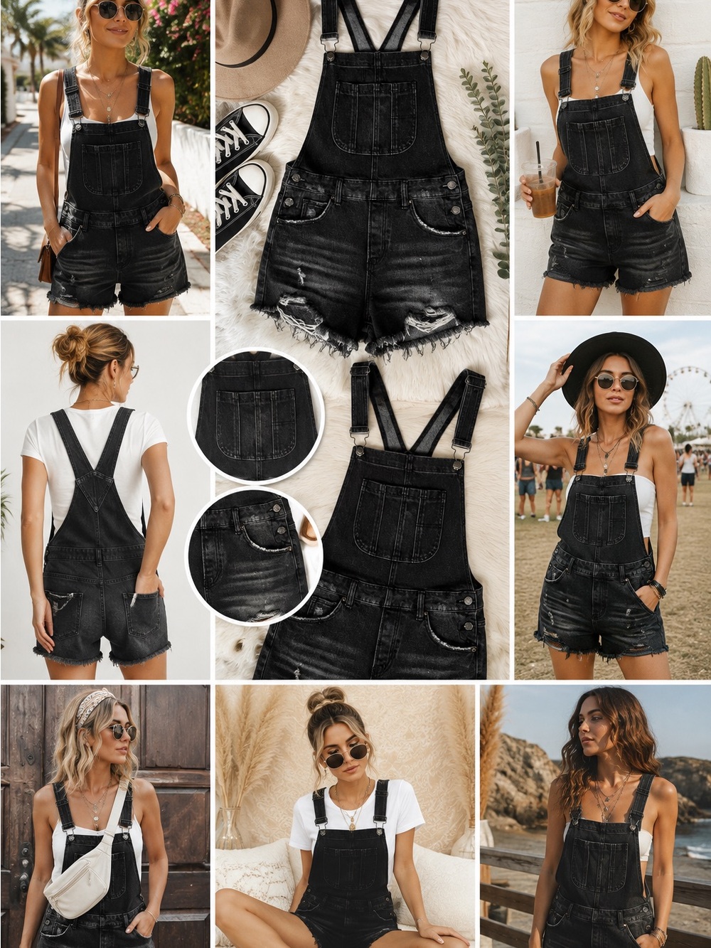 RISEN Shorts Overalls Small Black Denim Distressed Stretch Raw Hem Bib Shortalls